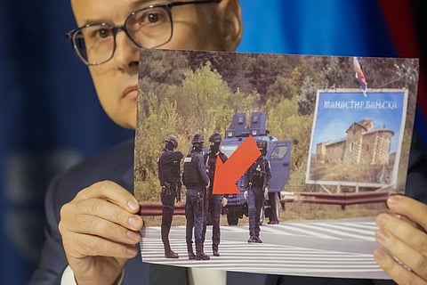 Serbian Defense Minister Milos Vucevic speaks during a press conference in Belgrade, Serbia, Monday, Oct. 2, 2023.
