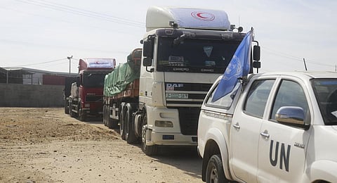 Trucks with humanitarian aid enter the Gaza Strip in Rafah on Saturday, Oct. 21, 2023. (File Photo | AP)