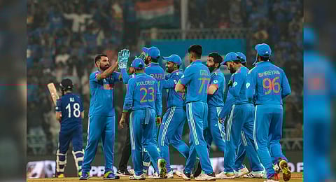 Indian cricket team celebrate after winning the ICC Men's Cricket World Cup 2023 match against England on Sunday | PTI