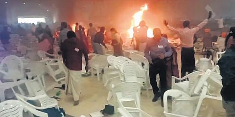 A visual from the triple blasts during the Jehovah’s Witnesses prayer meeting at Zamra International Convention Centre in Kalamassery in 2023. 