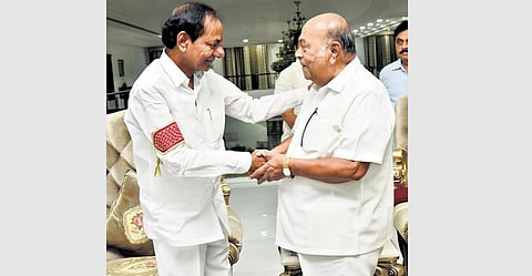 Chief Minister K Chandrasekhar Rao greets former minister Nagam Janardhan Reddy at Pragathi Bhavan on Sunday