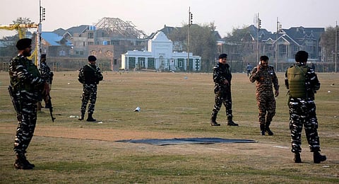 Security personnel cardon off the playground at Eidgah where Inspector Masroor Ahmad was shot and critically wounded by militants when he was playing cricket, in Srinagar, Sunday, Oct. 29, 2023. (PTI)