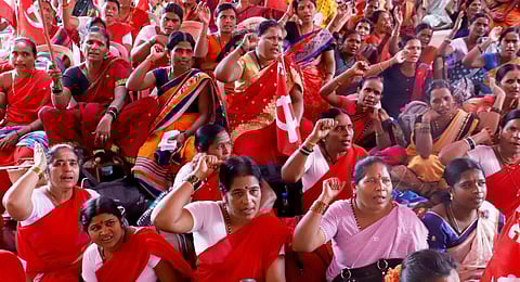 Akshara Dasoha in workers association with CITU protest for increased wages.(Photo | Express)