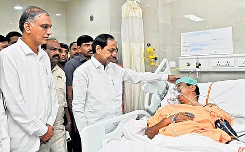 Telangana CM KCR visits Kotha Prabhakar Reddy in a hospital in Hyderabad; (left) the MP after the attack; (top right inset) the attacker Gaddam Raju.
