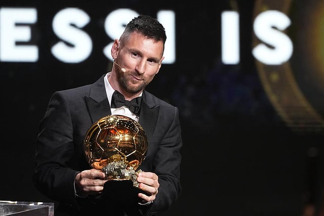 Lionel Messi receives the 2023 Ballon d'Or trophy during the 67th Ballon d'Or (Golden Ball) award ceremony at Theatre du Chatelet in Paris, France.