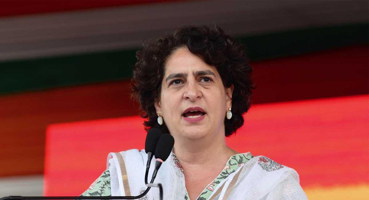 AICC General Secretary Priyanka Gandhi Vadra addresses a public meeting ahead of Chhattisgarh Assembly elections, in Bilaspur, Monday, Oct. 30, 2023. (PTI)