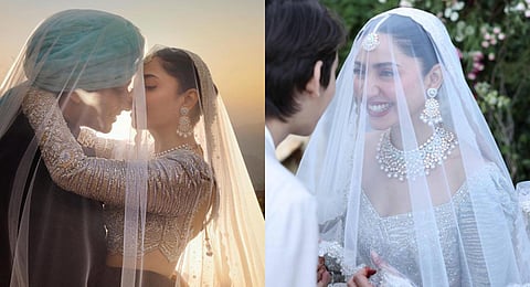 Mahira Khan and Salim Karim at their wedding; the actor with her son Azlan (Instagram)