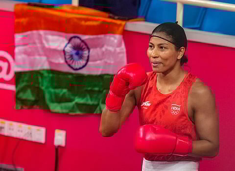 India's Lovlina Borgohain at the women's 66kg-75kg category boxing event at the 19th Asian Games, in Hangzhou, China, on Oct. 4, 2023. (PTI)