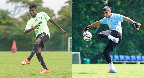 Bengaluru FC forward Sivasakthi Narayanan and goalkeeper-vice captain Gurpreet Singh Sandhu. (Photo | Express)
