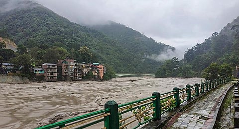 Flooded Teesta river in north Sikkim, Wednesday, Oct. 4, 2023. (Photo | PTI)
