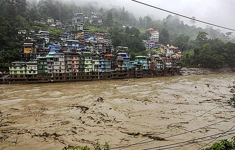 Flooded Teesta river in north Sikkim, Wednesday, Oct. 4, 2023. (Photo | PTI)