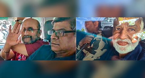 Delhi Police brings senior journalists Pranjoy Guha Thakurata and Urmilesh to the Lodhi Road Special Cell office, in New Delhi, Tuesday, Oct. 3, 2023. (Photo | PTI)