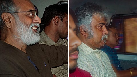 NewsClick founder Prabir Purkayastha (L) and HR Head Amit Chakravarty being brought to the Lodhi Road Special Cell office, in New Delhi, on Oct. 3, 2023. (PTI)