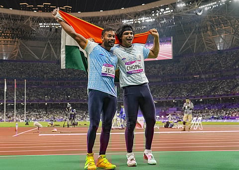 India's Neeraj Chopra and Kishore Jena, who had finished one-two in the men's javelin.