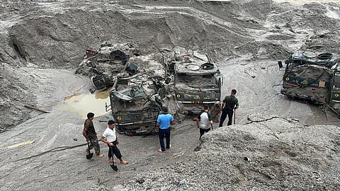 Indian Army vehicles which were swept away in Wednesdays flash floods, in North Sikkim district. (Photo | PTI)