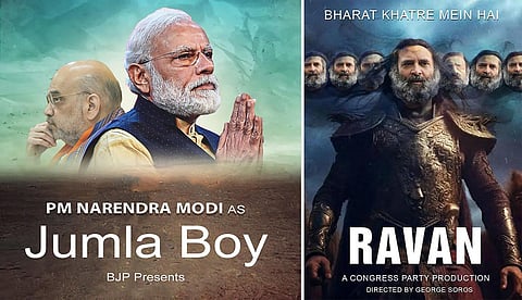 Posters shows PM Narendra Modi and HM Amit Shah as 'Jumla Boy' (L) and Congress leader Rahul Gandhi as 'Ravana'.