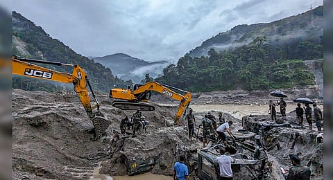 Indian Army personnel and others during search and rescue operation after flash floods, in North Sikkim | PTI