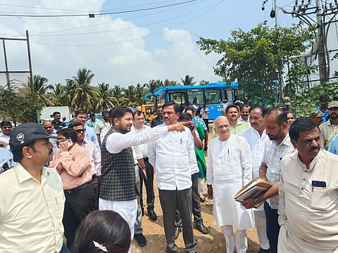RDPR and local bodies standing committee chairman Bharmagouda Kage along with member Sharath Bachegowda during the inspection in Bengaluru. (Photo | Express)