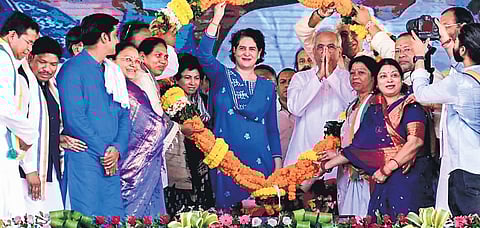 Priyanka Gandhi with CM Bhupesh Baghel at the Panchayti Raj Mahasammelan in Kanker, Chhattisgarh, on Friday | PTI