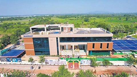 An aerial shot of the office of Quadrant Technologies in Warangal. The building has a capacity for more than 500 IT professionals to work.