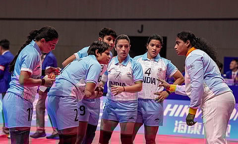 Indian team interacts with coach during the Women's Team Gold Medal Kabaddi match against Chinese Taipei at the 19th Asian Games, in Hangzhou, China. (Photo | PTI)