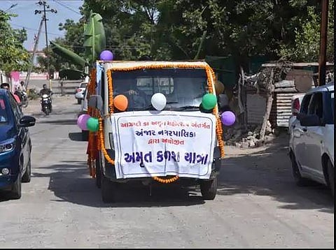 The BJP's  ‘Amrut Kalash Mahotsav' Yatra has commenced across poll-bound Gujarat. (Express)