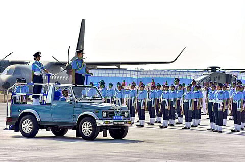 Chief of the Air Staff (CAS) Air Chief Marshal VR Chaudhari inspects the Guard of Honour on the 91st Air Force Day in Prayagraj, Oct. 8, 2023. (Photo | PTI)