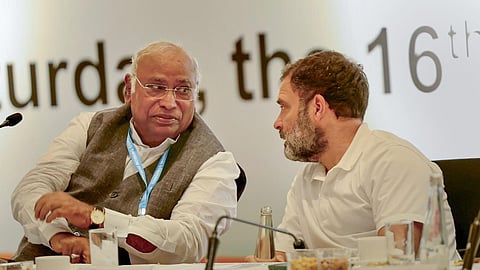 Congress President Mallikarjun Kharge with party leader Rahul Gandhi during Congress Working Committee Meeting, in Hyderabad, September, 2023. (File Photo | PTI)