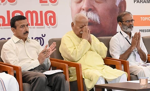 RSS Sarsanghchalak Mohan Bhagwat (centre) in Kozhikode. (Photo | E Gokul)