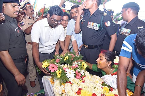 Army Jawan Neeradi Ganga Prasad funerals were completed with Army official honors on Sunday in Kummanpally village in Salura Mandal near Bodhan town in Nizamabad district on Sunday. (Photo | Express)