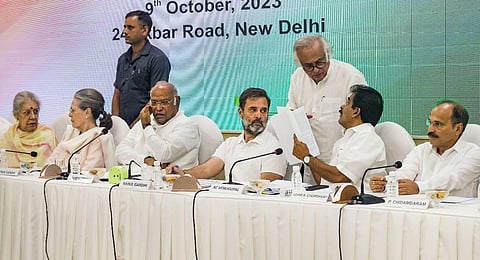 Congress President Mallikarjun Kharge with party leaders Sonia Gandhi, Rahul Gandhi and other leaders during the Congress Working Committee meeting at the AICC Headquarters in New Delhi | PTI