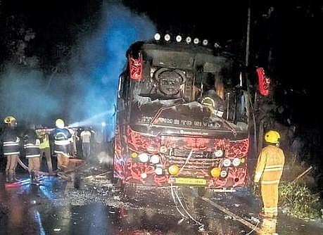 Charred remains of the bus on Ooty Ghat Road near Mettupalayam on Saturday midnight | Express