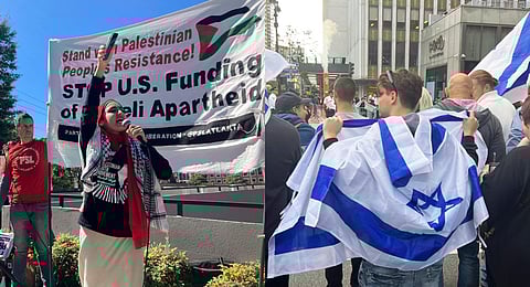 Pro-Palestinian demonstrators chant slogans outside the Israeli consulate in Atlanta; Pro-Israel demonstrators gather across a pro-Palestinian group on 42nd Street in New York City. (Photo | AP)