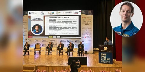 French astronaut Thomas Pesquet addressing the Indian Space Conclave organised by Indian Space Association (ISpA) in New Delhi. (Photo | Twitter)