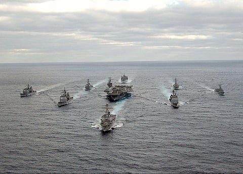 A file image of  a U.S. Aircraft Carrier and other ships  heading towards the Eastern Mediterranean in a “Show of Support” for Israel | Twitter