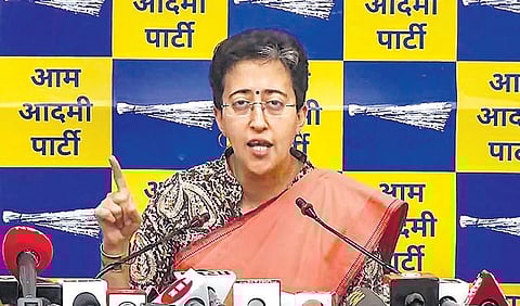 Delhi Education Minister Atishi Singh addresses a press conference at the party office, in New Delhi, Tuesday | PTI