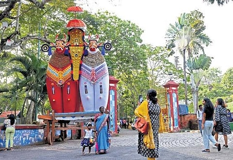 A Kettukazhcha model installed in front of the Kanakakunnu palace premises in view of the Keraleeyam 2023 fest organised by the state government on Tuesday | BP Deepu, EPS