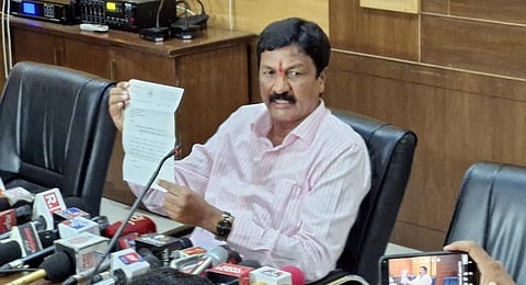 Ramesh Jarkiholi addresses the press conference in Belagavi on Tuesday.(Express)