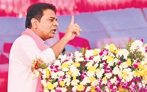 BRS working president KT Rama Rao addresses a meeting of party workers  at Machareddy mandal headquarters in Kamareddy constituency on Tuesday.