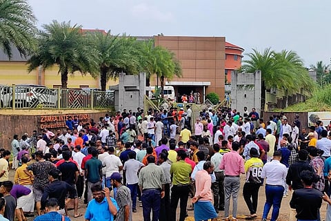 FILE: People gathered at Zamara International, a convention centre, in Kalamassery, Kerala, which witnessed serial blasts, on Sunday morning. (Photo |A Sanesh, EPS)