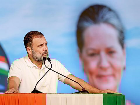 Congress leader Rahul Gandhi addresses a public meeting at Kalwakurthy ahead of the upcoming Telangana Assembly election, in Nagarkurnool district. (PTI)