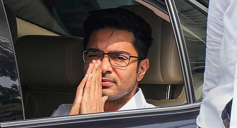 TMC MP Abhishek Banerjee leaves from his Kalighat residence to appear before the ED in connection with alleged teachers recruitment scam, in Kolkata, Thursday, Nov. 9, 2023. (PTI)