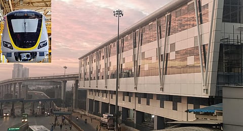 The Infosys-Konappana Agrahara Metro Station coming up on the Yellow Line. Inset: Prototype of a driverless train from China for the RV Road-Bommasandra Line. (Photo | Express)