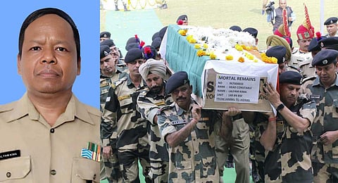 BSF personnel carry the mortal remains of BSF head constable Lal Fam Kima during a wreath laying ceremony at BSF's Paloura Camp in Jammu, Thursday, Nov 9, 2023. (PTI)