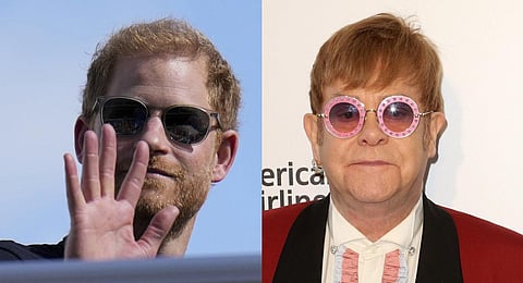 A collage of Prince Harry (L) and musician Elton John, used for representational purposes only. (File Photo | AP)