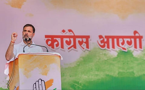 Congress leader Rahul Gandhi addresses a public meeting at BTI Ground, in Satna district, Friday, Nov. 10, 2023. (Photo | PTI)