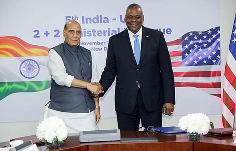 Defence Minister Rajnath Singh in a bilateral meeting with US Secretary of Defence Lloyd Austin, in New Delhi on Friday. (Photo | ANI)