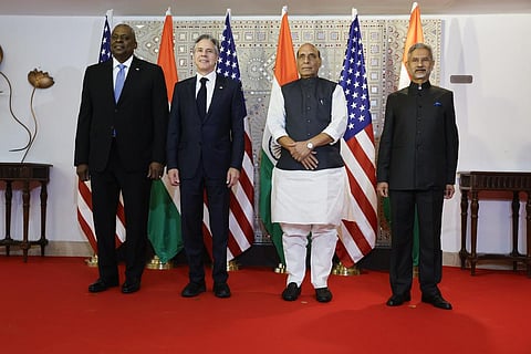 U.S. Defense Secretary Lloyd Austin, from left, Secretary of State Antony Blinken, India's Defense Minister Rajnath Singh and Foreign Minister Subrahmanyam Jaishankar in Delhi (AP)