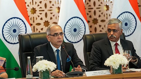 Foreign Secretary Vinay Kwatra (L) and Defence Secretary Giridhar Aramane during a press briefing after the 5th India-US 2+2 Ministerial Dialogue, in New Delhi, Nov. 10, 2023. (Photo | PTI)