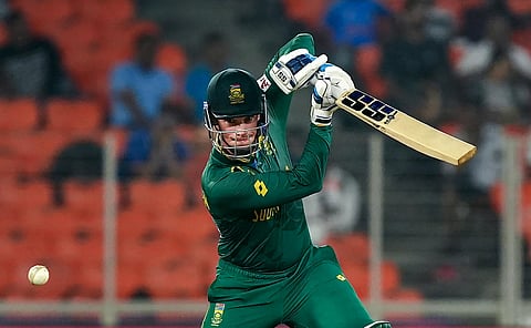 South Africa batter Rassie van der Dussen plays a shot during the World Cup match against Afghanistan at Narendra Modi Stadium in Ahmedabad (Photo | PTI)